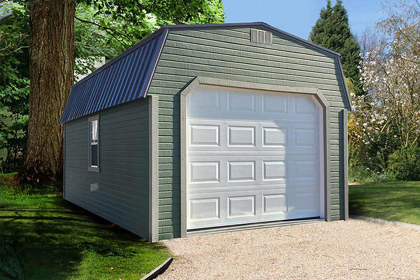 <li>Pequea green color Dutchlap siding,
Clay color Trim,
Charcoal color Roof,
White garage door,
Steel insulated door 9-lite,
24 x 36 windows,
Work bench on back wall</li>