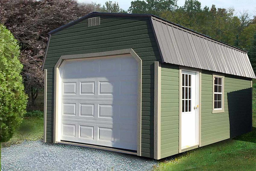 <li>Pequea green color Dutchlap siding,
Clay color Trim,
Charcoal color Roof,
White garage door,
Steel insulated door 9-lite,
24 x 36 windows,
Work bench on back wall</li>