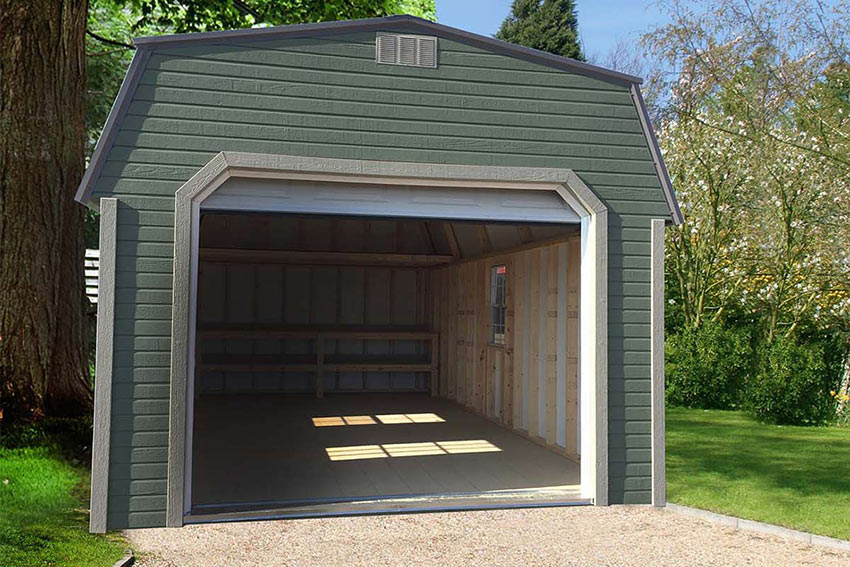 <li>Pequea green color Dutchlap siding,
Clay color Trim,
Charcoal color Roof,
White garage door,
Steel insulated door 9-lite,
24 x 36 windows,
Work bench on back wall</li>