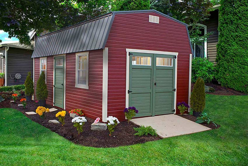 <li>Jamestown Red color Dutchlap siding,
Navajo white color Trim,
Charcoal color Roof,
Pequea Green Wooden Single door with Transom Window,
Pequea Green Wooden Double doors with Transom Windows,
24 x 36 windows</li>