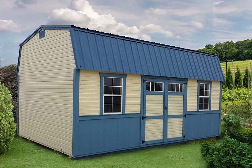 <li>Deluxe Siding,
Zook Cream color Dutchlap siding,
Wedgewood Blue color Barn siding and trim,
Wainscoting Trim,
Gallery Blue color Roof,
Wooden Double doors with Transom Windows,
24 x 36 windows</li>