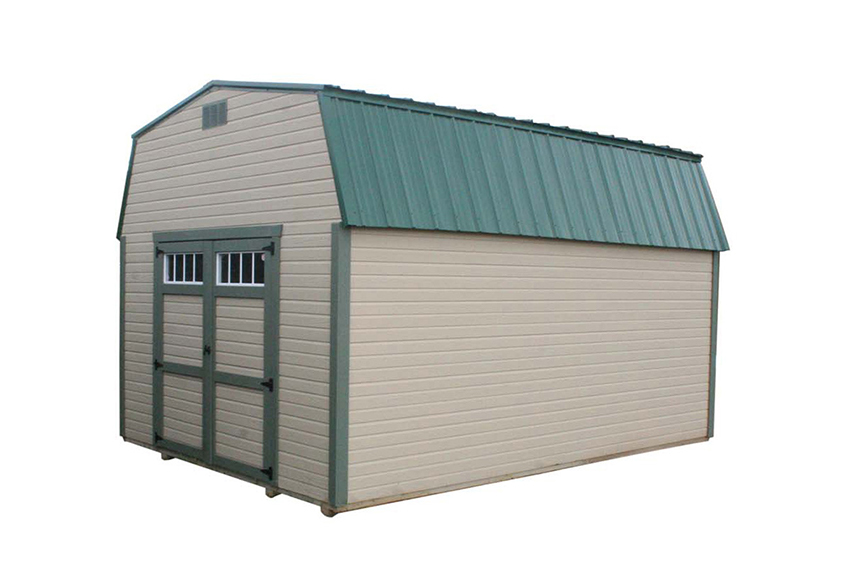 <li>Pequea Tan color Dutchlap siding,
Pequea Green color Trim,
Green color Roof,
Wooden Double Doors with Transom windows</li>