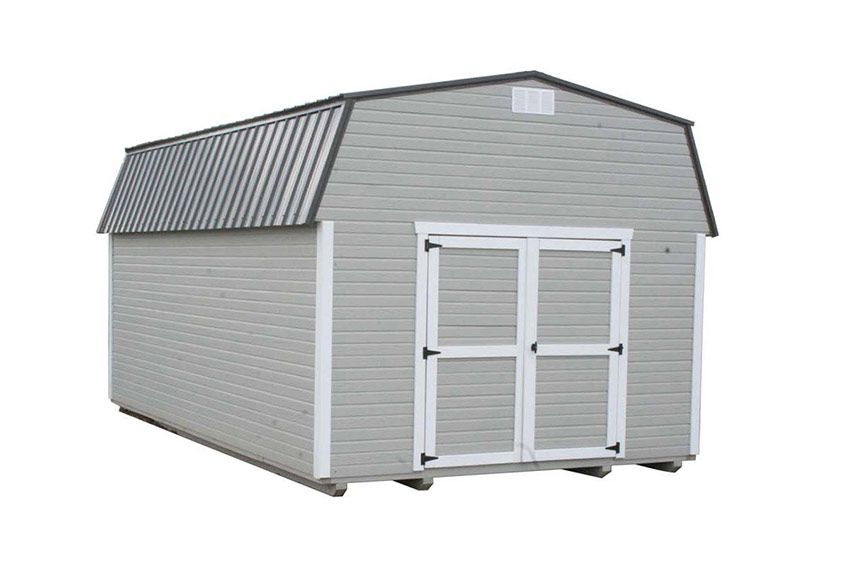 <li>Clay color Dutchlap siding,
Barn white color Trim and doors,
Charcoal color Roof,
Wooden Double doors</li>