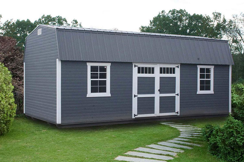 <li>Dark gray color Dutchlap siding,
Barn white color Trim,
Charcoal color Roof,
Wooden Double Doors with Transom windows,
24 x 36 windows</li>