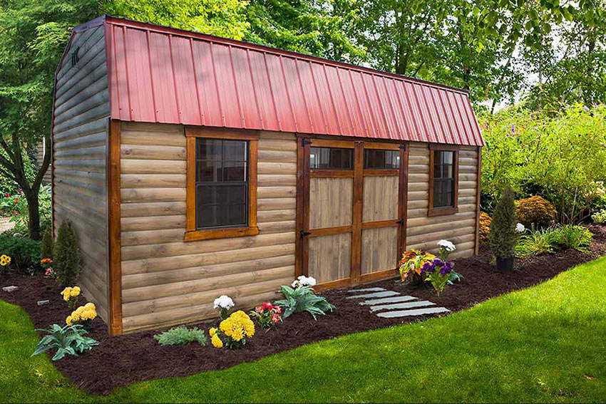 <li>Smoke stain color Half log siding,
Chestnut stain trim,
Red metal roof,
Wooden double doors with Transom windows,
24 x 36 windows</li>