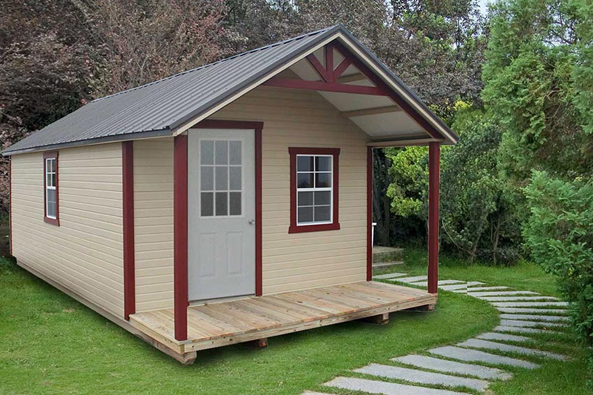 <li>Pequea Tan color Dutchlap siding,
Jamestown Red color Trim,
Charcoal color Roof,
Steel insulated house Door,
24 x 36 windows</li>