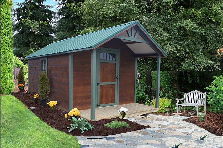 <li>Chestnut Stain color Barn siding,
Pequea Green color Trim,
Green color Roof,
Single Wooden door with Transom window,
24 x 36 windows</li>
