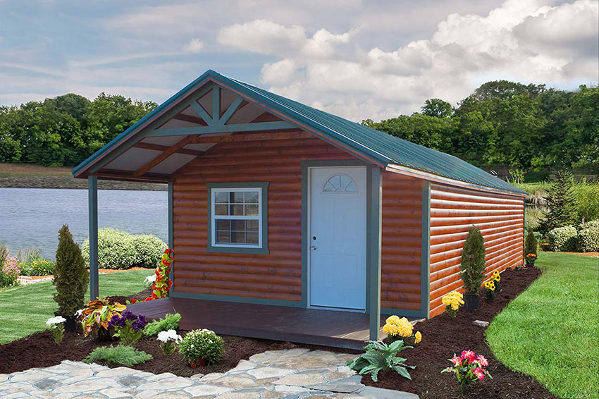 <li>Bronze stain Half log siding,
Pequea Green color Trim,
Green color roof,
Single steel insulated door with half-rounded window,
36 x 36 windows,
Charcoal Brown color porch floor</li>