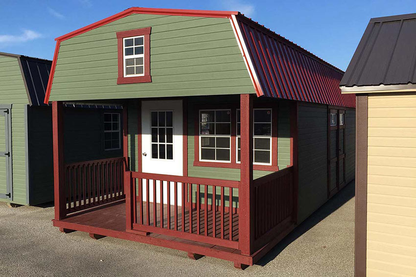 <li>Pequea Green color Dutchlap siding,
Jamestown Red color Trim and railings,
Red color Roof,
Single steel insulated door,
24 x 36 windows,
Loft</li>